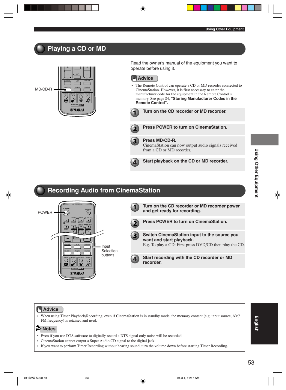 Playing a cd or md, Recording audio from cinemastation, Advice | Using other equipment english, Input selection buttons, Power, Md/cd-r | Yamaha DVX-S200 User Manual | Page 57 / 115