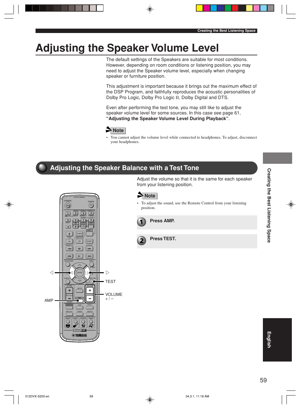 Adjusting the speaker volume level, Adjusting the speaker balance with a test tone, Creating the best listening space | English, Press amp. press test, Amp volume + / – test | Yamaha DVX-S200 User Manual | Page 63 / 115