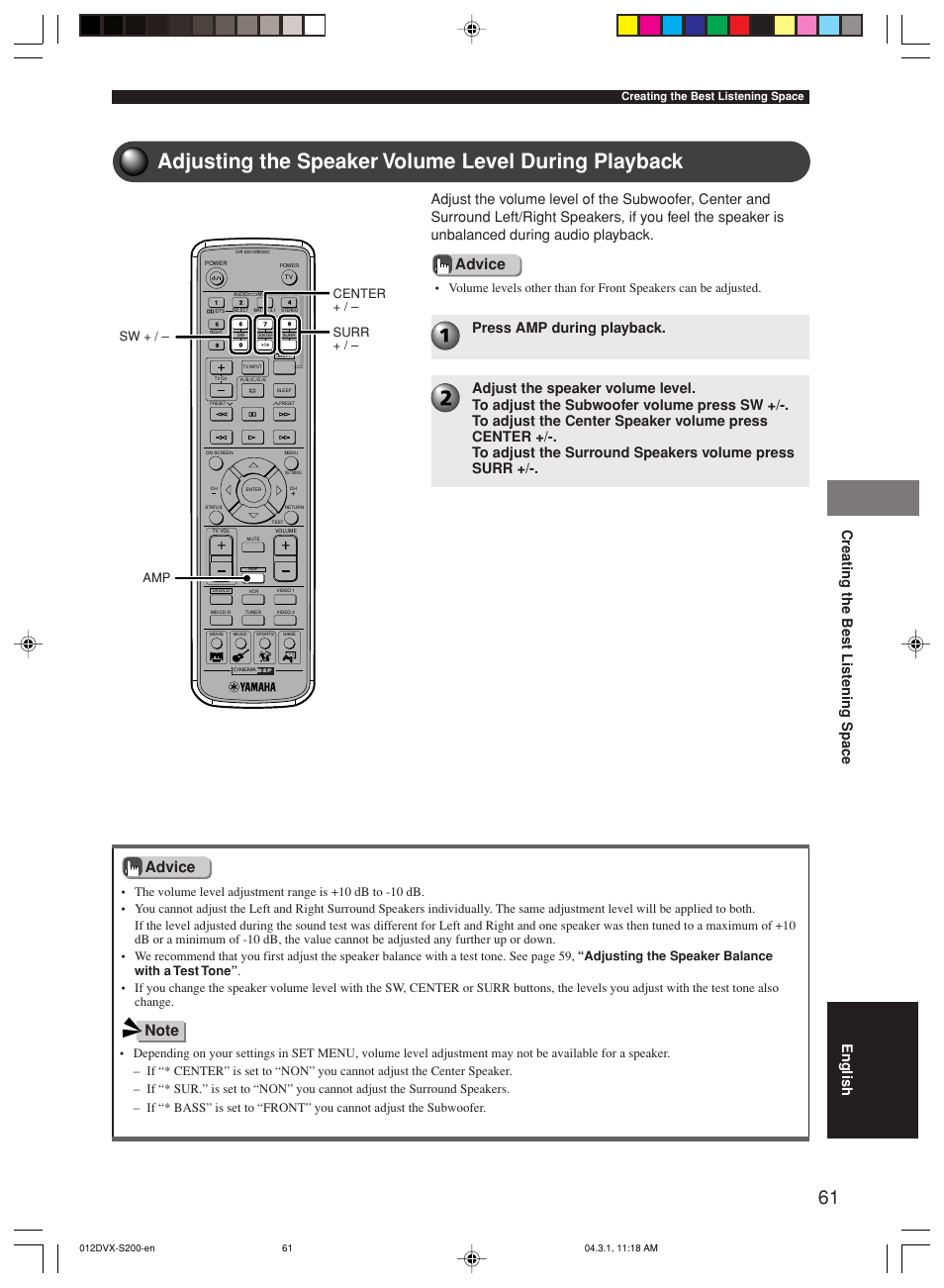 Adjusting the speaker volume level during playback, Advice, Creating the best listening space | English, Amp surr + / – sw + / – center | Yamaha DVX-S200 User Manual | Page 65 / 115