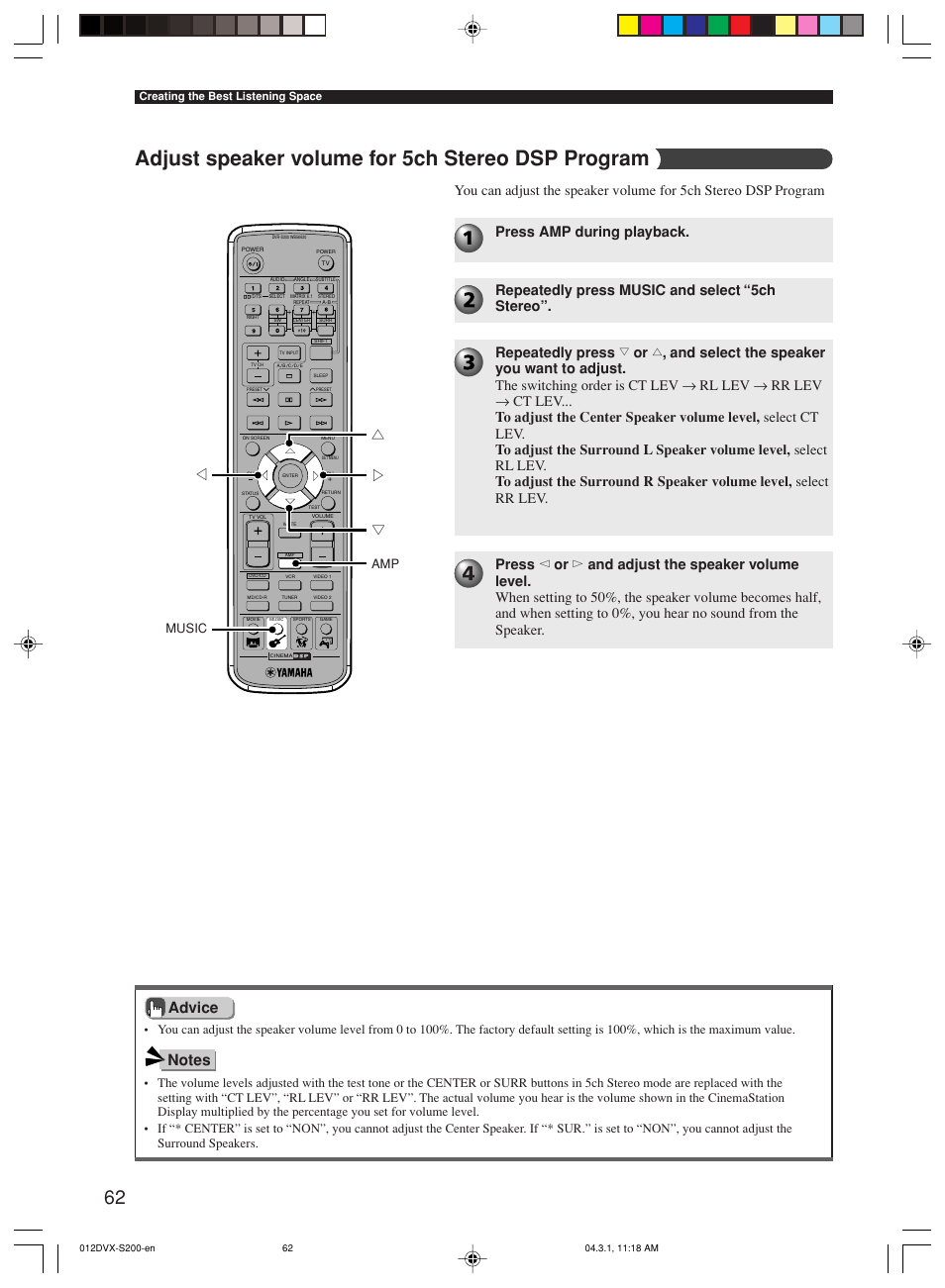 Adjust speaker volume for 5ch stereo dsp program, Music | Yamaha DVX-S200 User Manual | Page 66 / 115