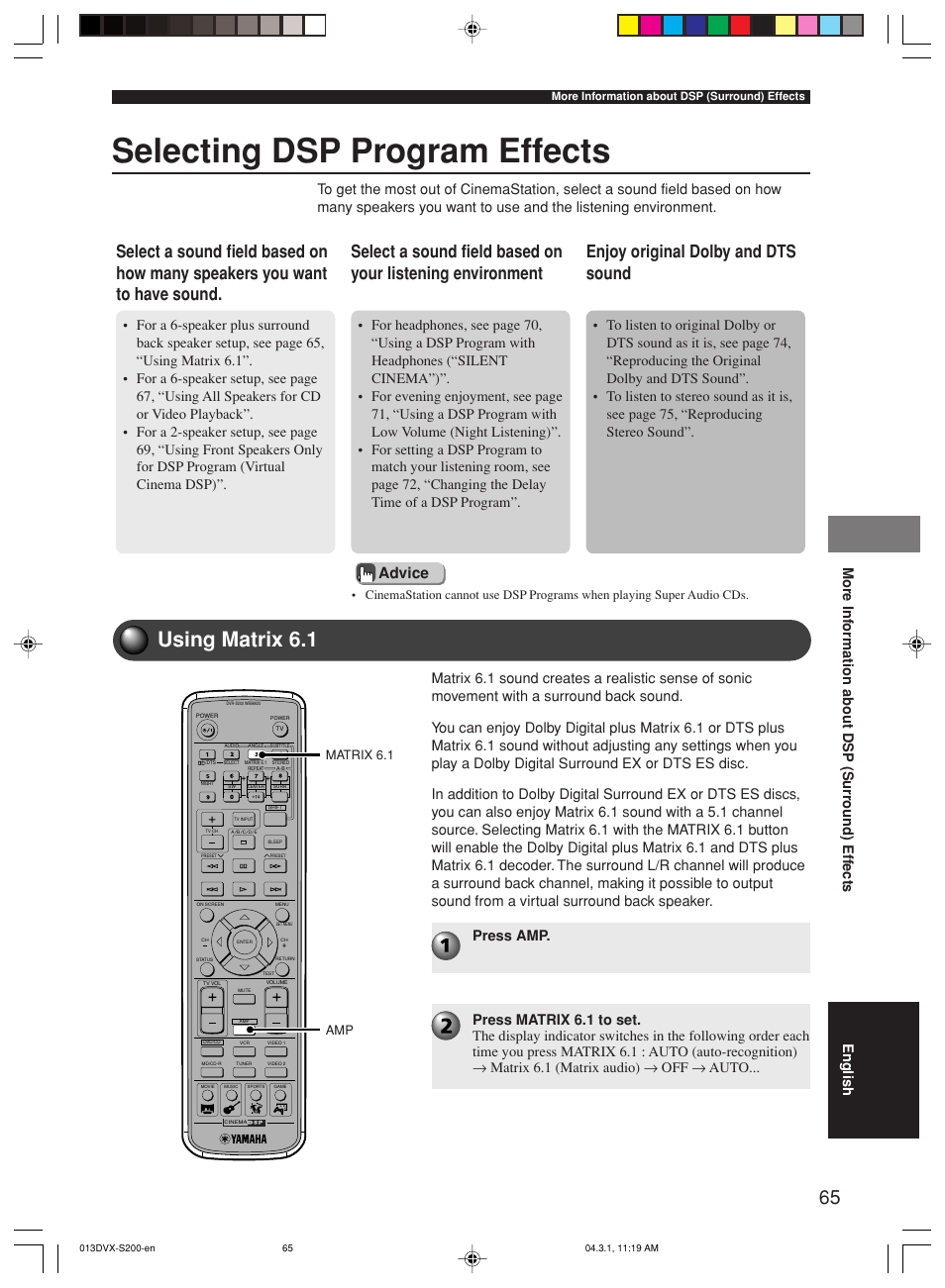 More information about dsp (surround) effects, Selecting dsp program effects, Using matrix 6.1 | Enjoy original dolby and dts sound, Advice, Amp matrix 6.1 | Yamaha DVX-S200 User Manual | Page 69 / 115