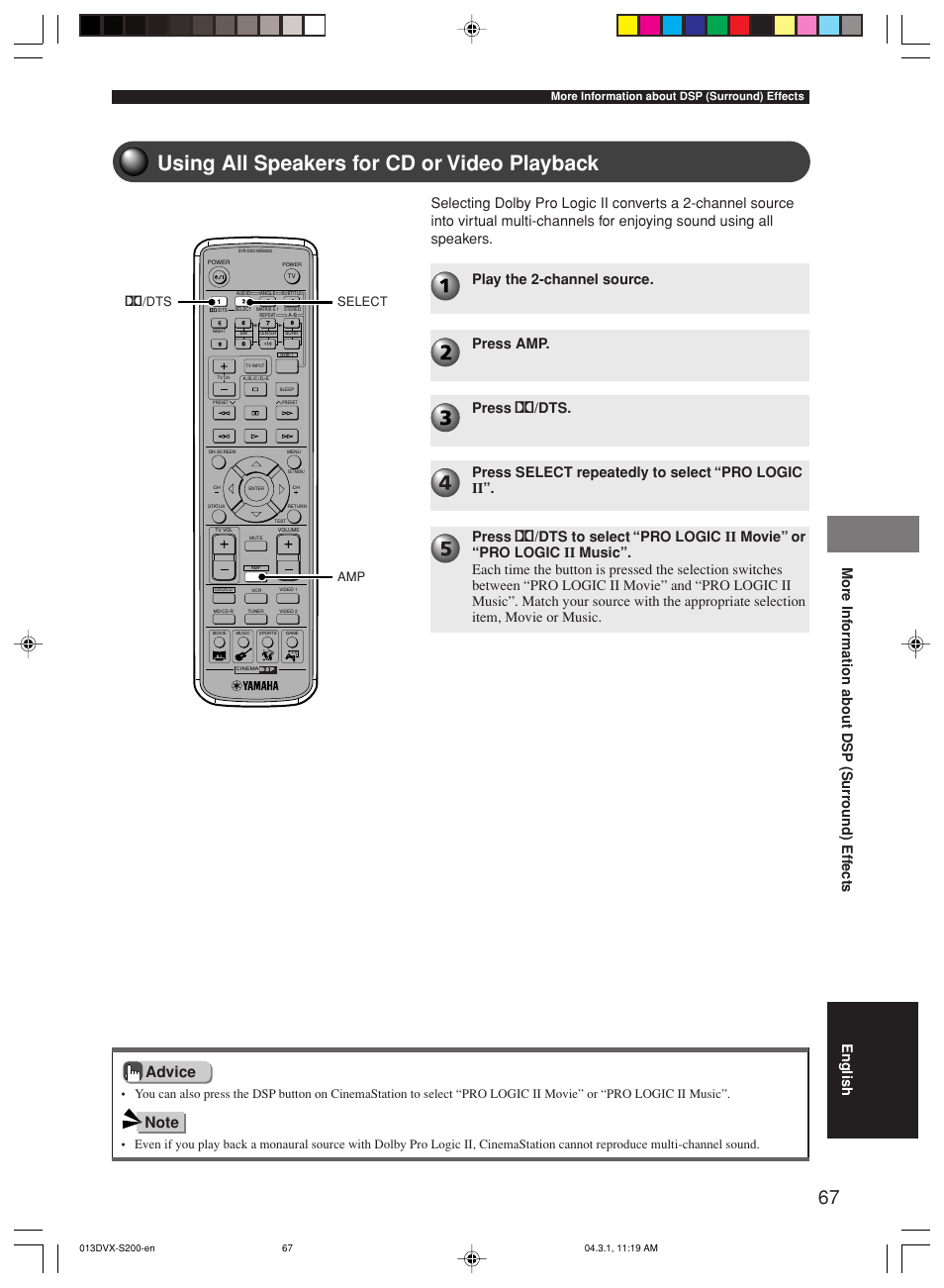 Using all speakers for cd or video playback, Amp select q /dts, More information about dsp (surround) effects | Yamaha DVX-S200 User Manual | Page 71 / 115