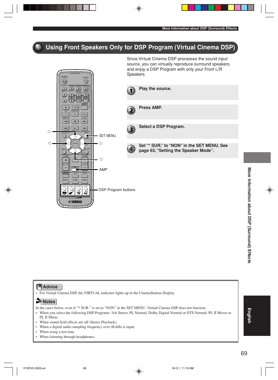 Gh g g, Dsp program buttons, Amp set menu | Yamaha DVX-S200 User Manual | Page 73 / 115