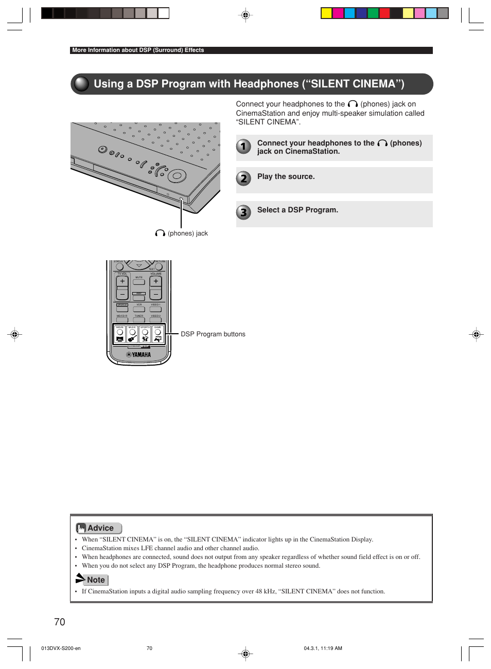 Dsp program buttons, Phones) jack | Yamaha DVX-S200 User Manual | Page 74 / 115