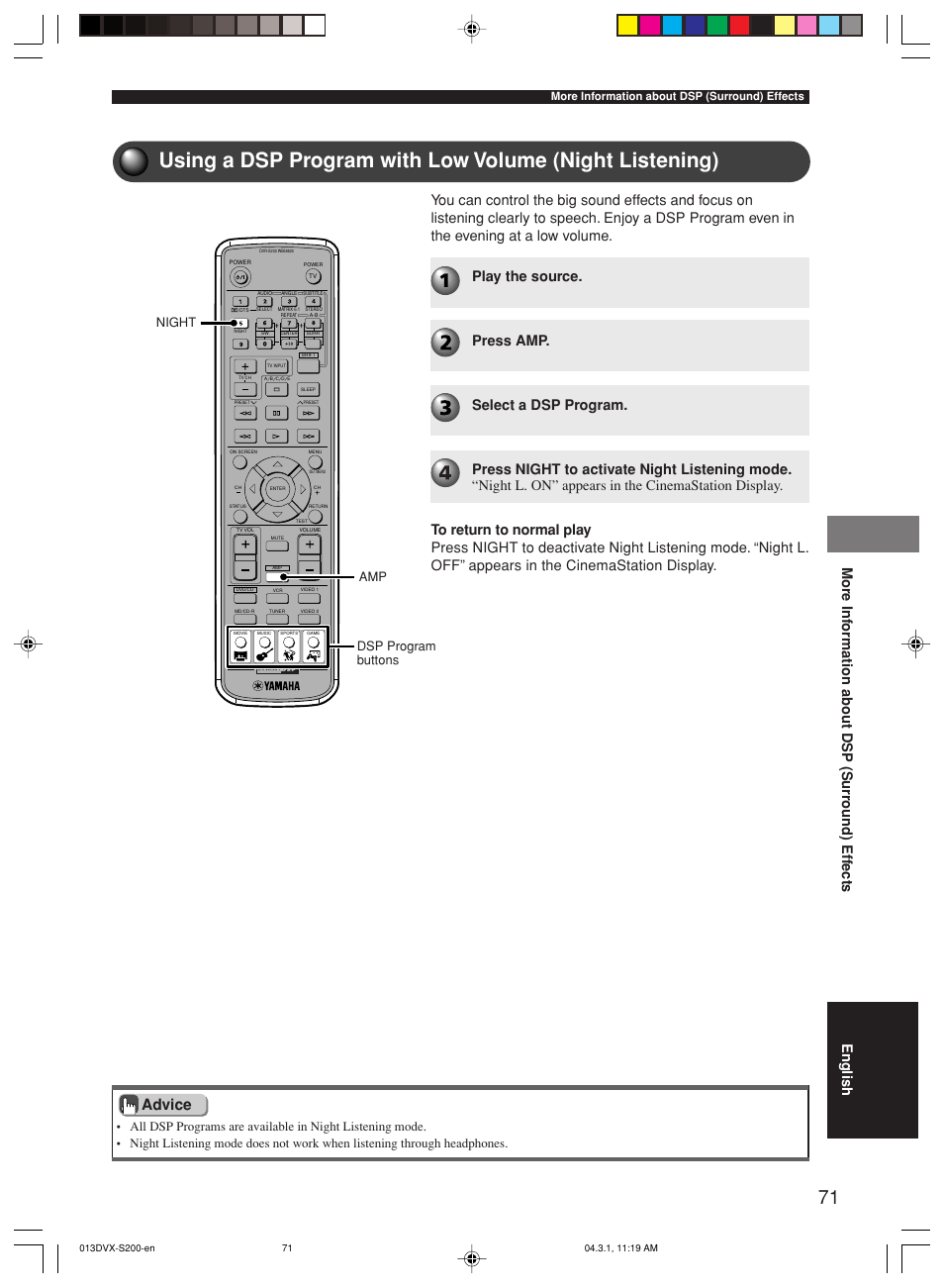 Advice, Dsp program buttons, Amp night | More information about dsp (surround) effects | Yamaha DVX-S200 User Manual | Page 75 / 115