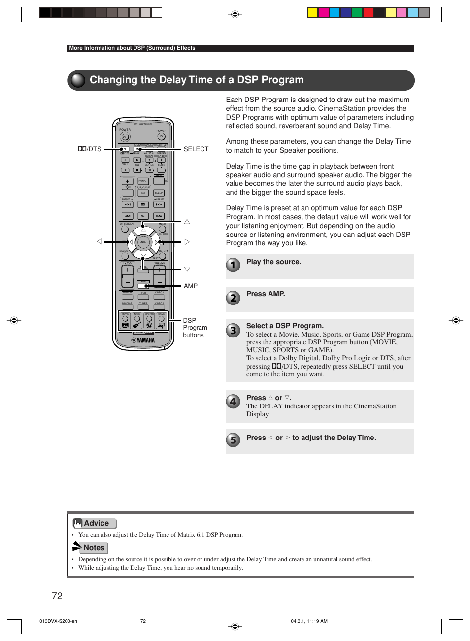 Changing the delay time of a dsp program, Gh g g, Amp select q /dts | Dsp program buttons | Yamaha DVX-S200 User Manual | Page 76 / 115