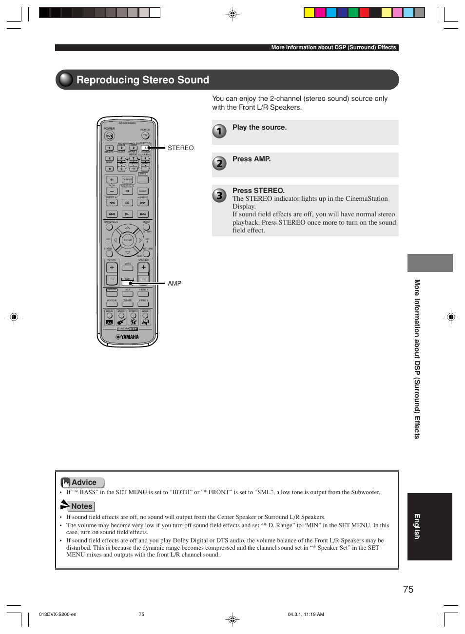 Reproducing stereo sound, Amp stereo, More information about dsp (surround) effects | Yamaha DVX-S200 User Manual | Page 79 / 115