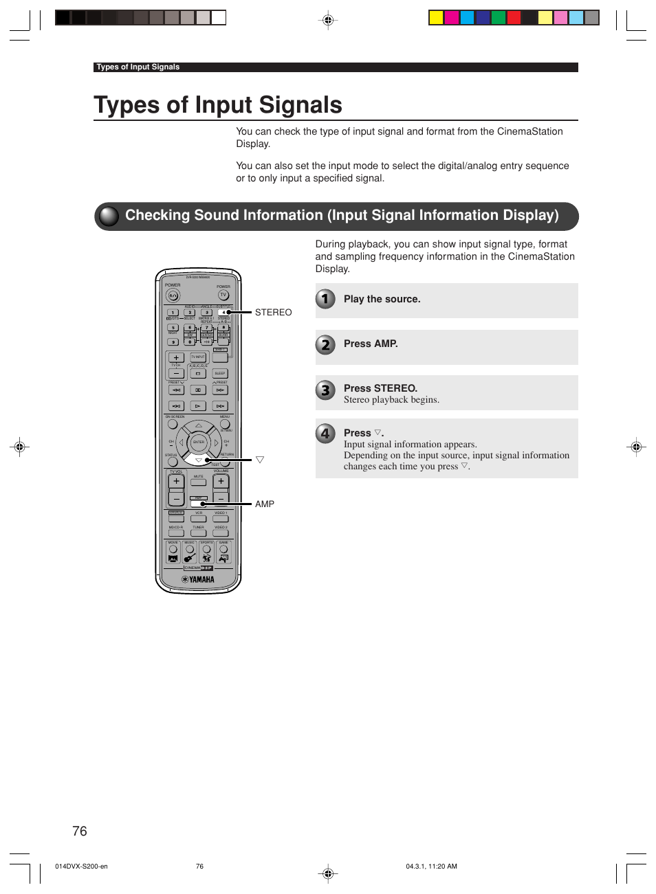 Types of input signals, Amp stereo | Yamaha DVX-S200 User Manual | Page 80 / 115