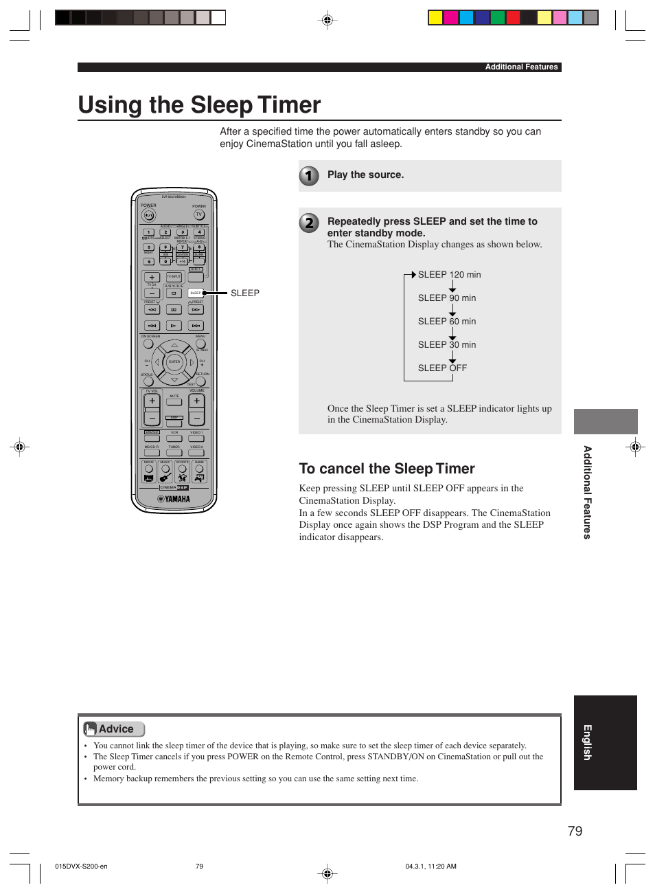 Additional features, Using the sleep timer, Advice | Ad ditional features english | Yamaha DVX-S200 User Manual | Page 83 / 115