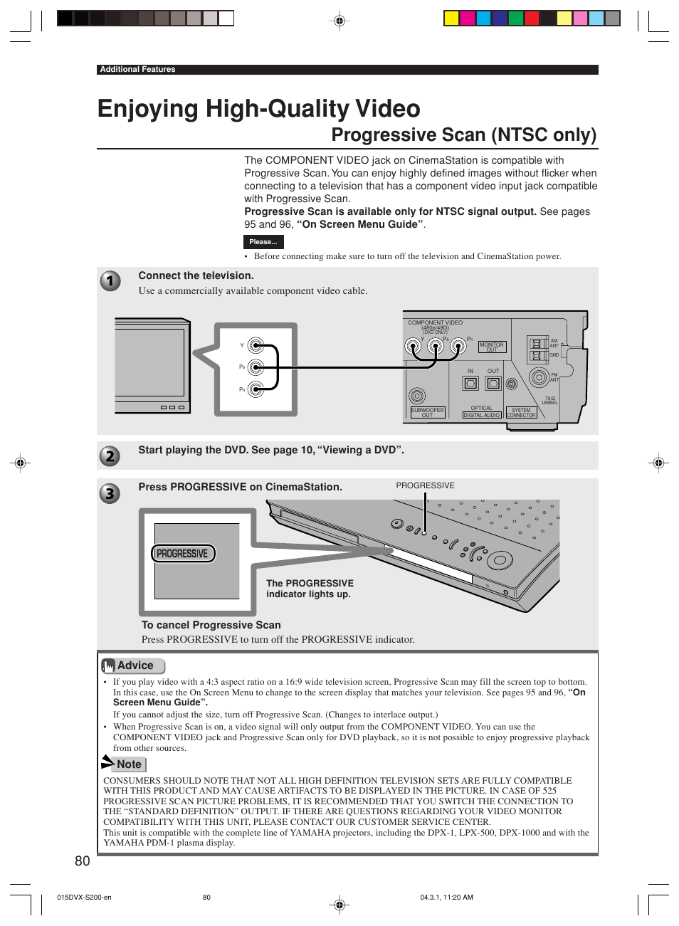 Enjoying high-quality video, Progressive scan (ntsc only), Advice | Yamaha DVX-S200 User Manual | Page 84 / 115