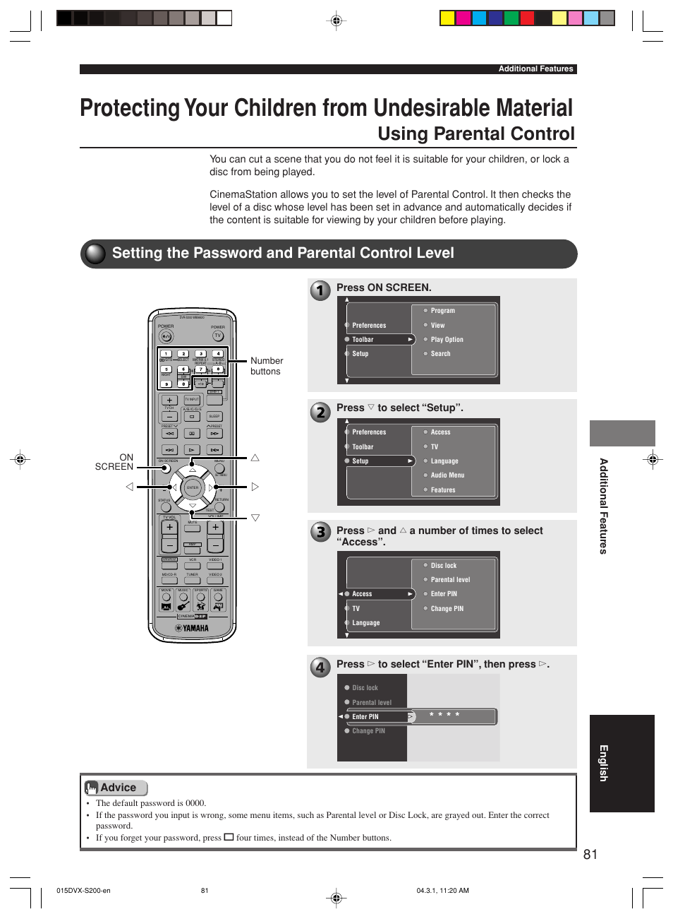 Protecting your children from undesirable material, Setting the password and parental control level, Using parental control | Gh g g, Advice, Ad ditional features english, Number number buttons | Yamaha DVX-S200 User Manual | Page 85 / 115