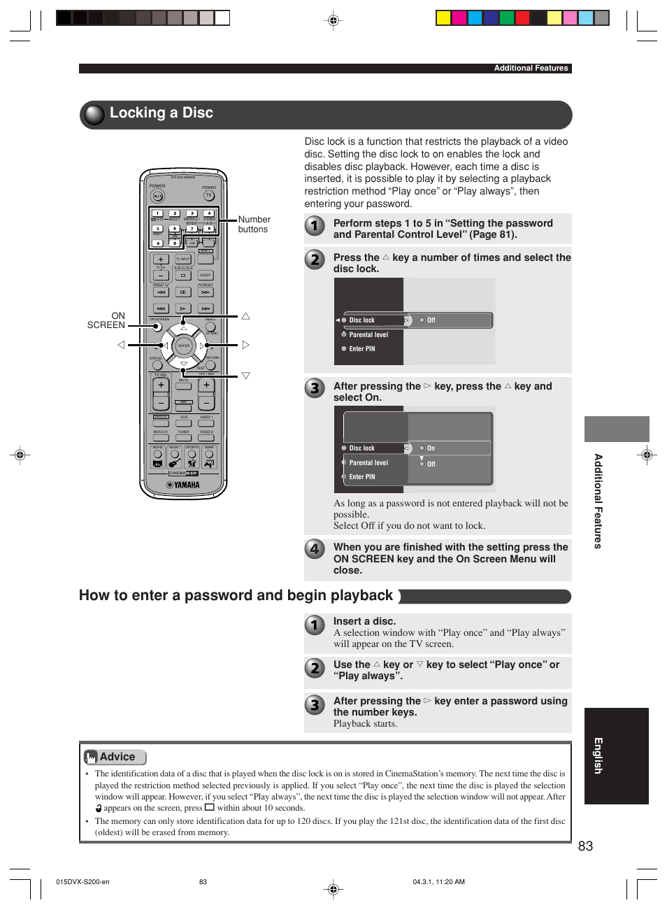 Locking a disc, How to enter a password and begin playback, Gh g g | Advice, Ad ditional features english, Number buttons, On screen | Yamaha DVX-S200 User Manual | Page 87 / 115