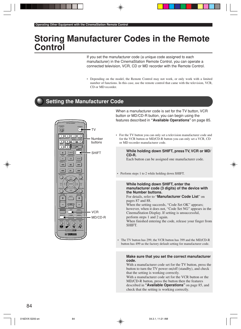 Storing manufacturer codes in the remote control, Setting the manufacturer code, Perform steps 1 to 2 while holding down shift | Tv shift vcr md/cd-r | Yamaha DVX-S200 User Manual | Page 88 / 115