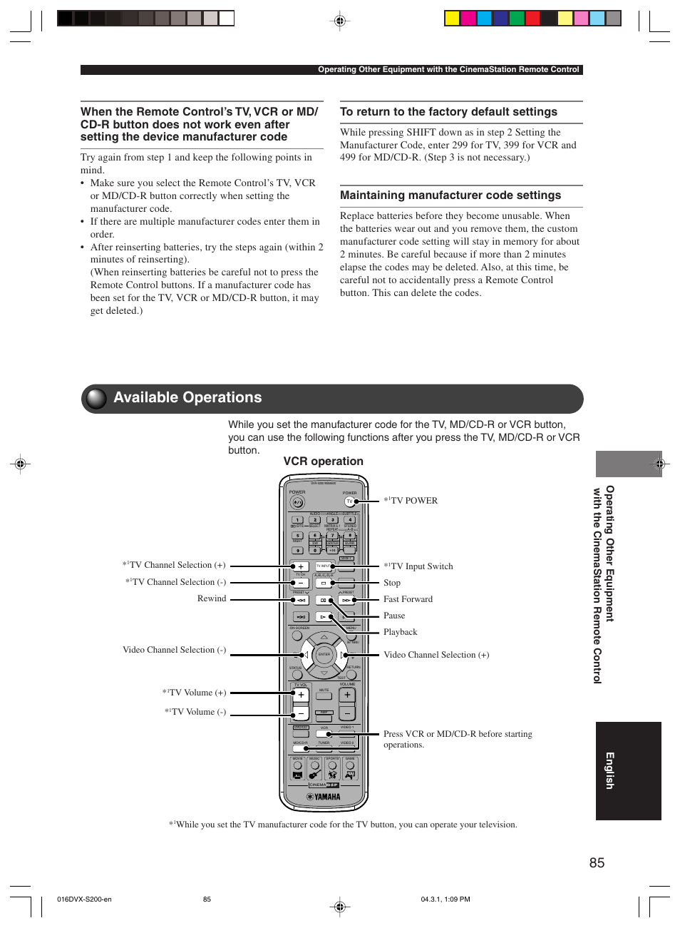 Available operations, Maintaining manufacturer code settings, Vcr operation | Tv power, Tv channel selection (+), Tv volume (+), Tv volume (-) | Yamaha DVX-S200 User Manual | Page 89 / 115