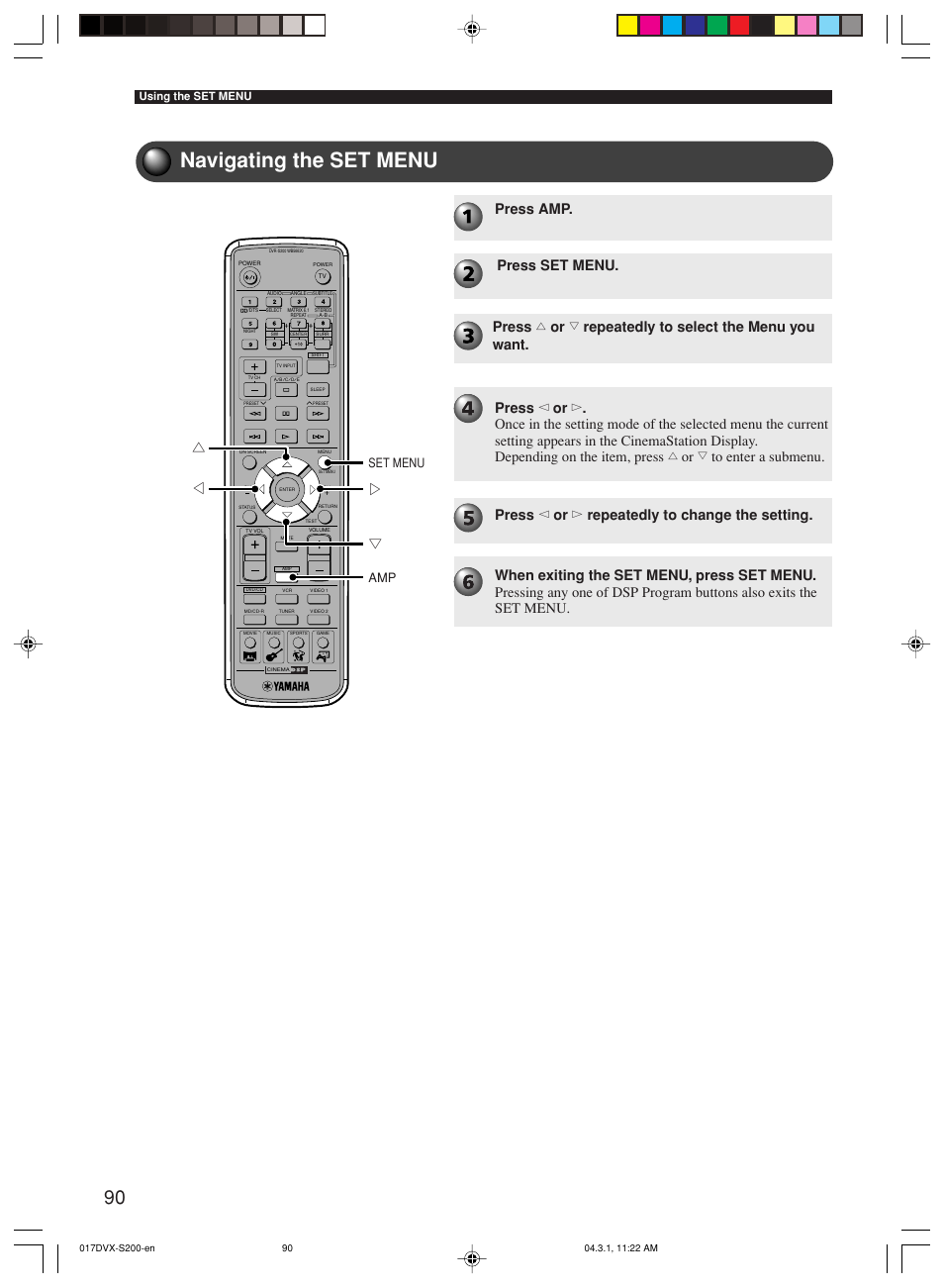 Navigating the set menu, Gh g g, Amp set menu | Using the set menu | Yamaha DVX-S200 User Manual | Page 94 / 115