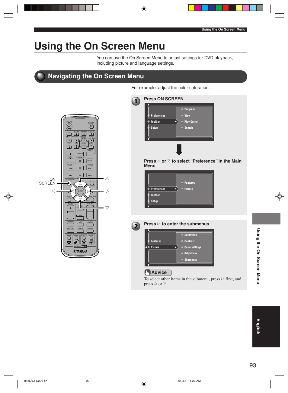 Using the on screen menu, Navigating the on screen menu, Gh g g | Advice, Using the on screen men u english, For example, adjust the color saturation | Yamaha DVX-S200 User Manual | Page 97 / 115