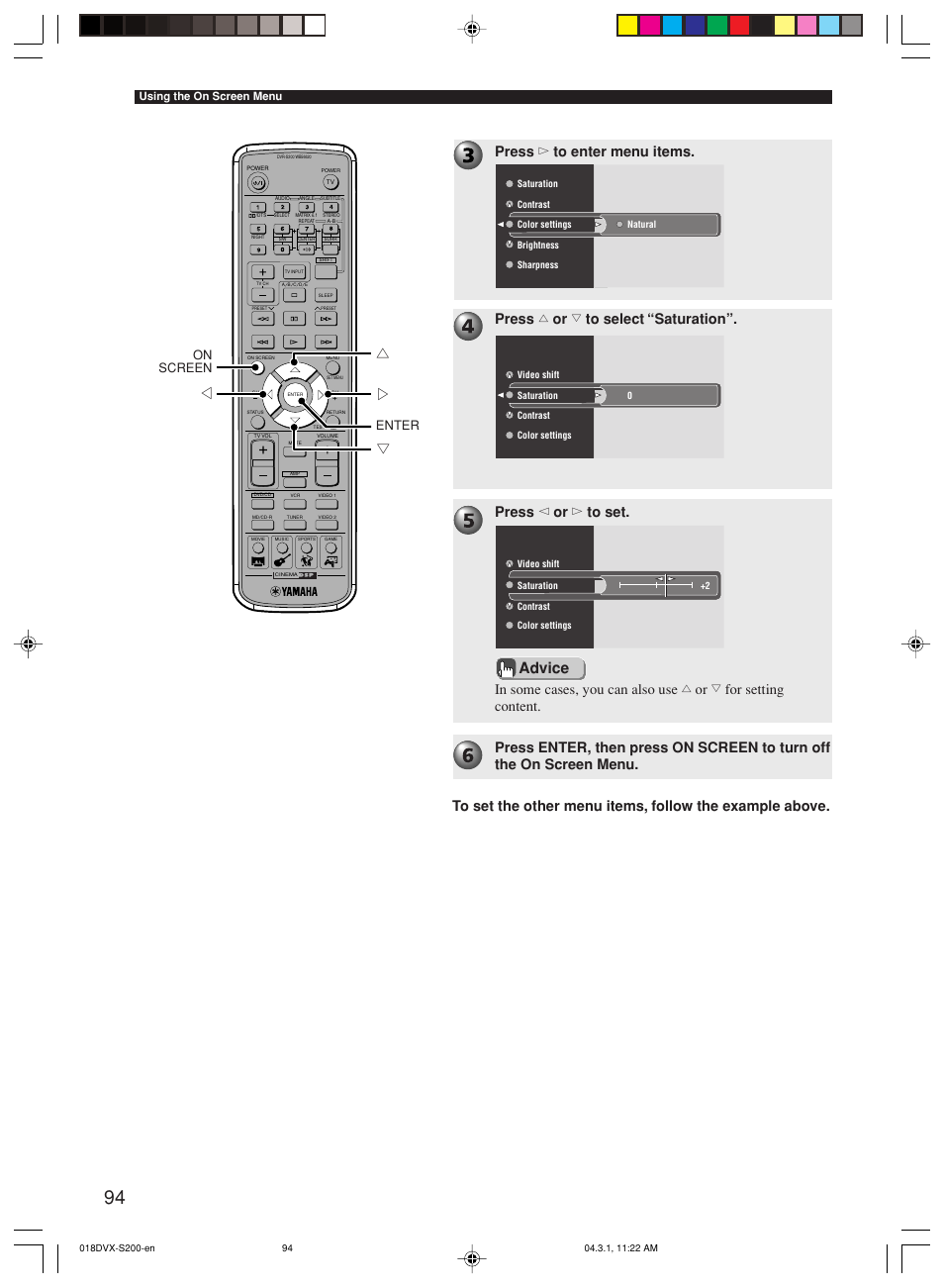 Advice, On screen enter, Using the on screen menu | Yamaha DVX-S200 User Manual | Page 98 / 115