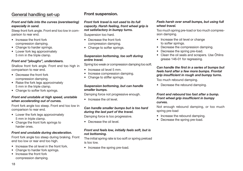 General handling set-up, Front suspension | Yamaha wr450f User Manual | Page 18 / 20