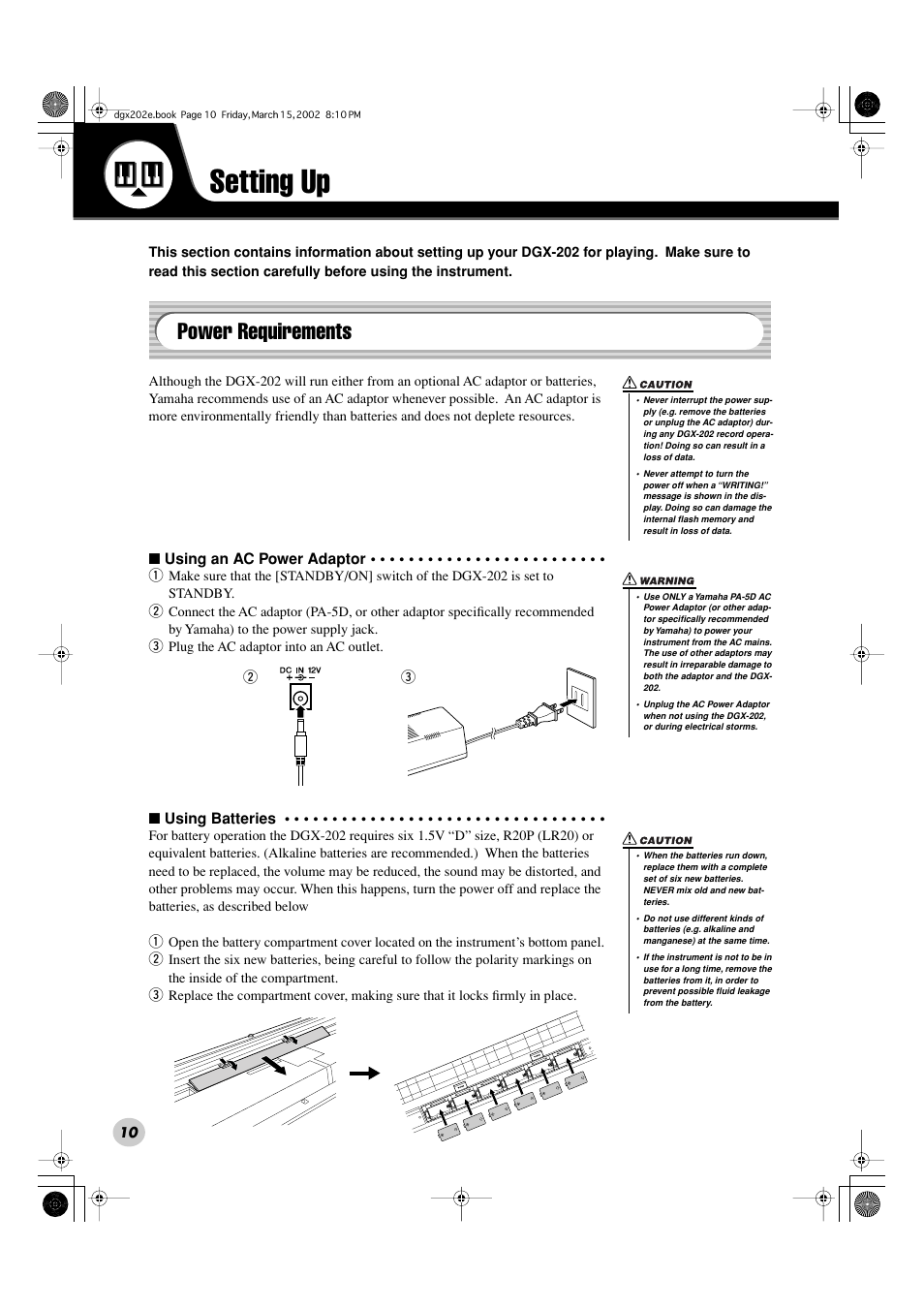 Setting up, Power requirements | Yamaha DGX-202 User Manual | Page 10 / 98