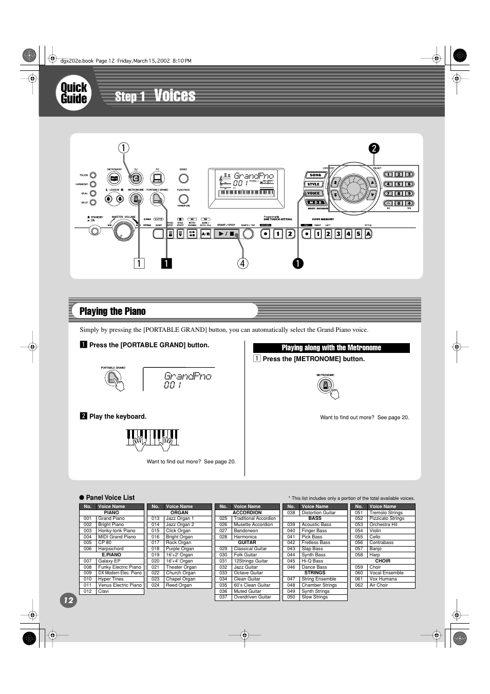 Voices, Step 1, Quick guide | Playing the piano, Grandpno, Playing along with the metronome | Yamaha DGX-202 User Manual | Page 12 / 98
