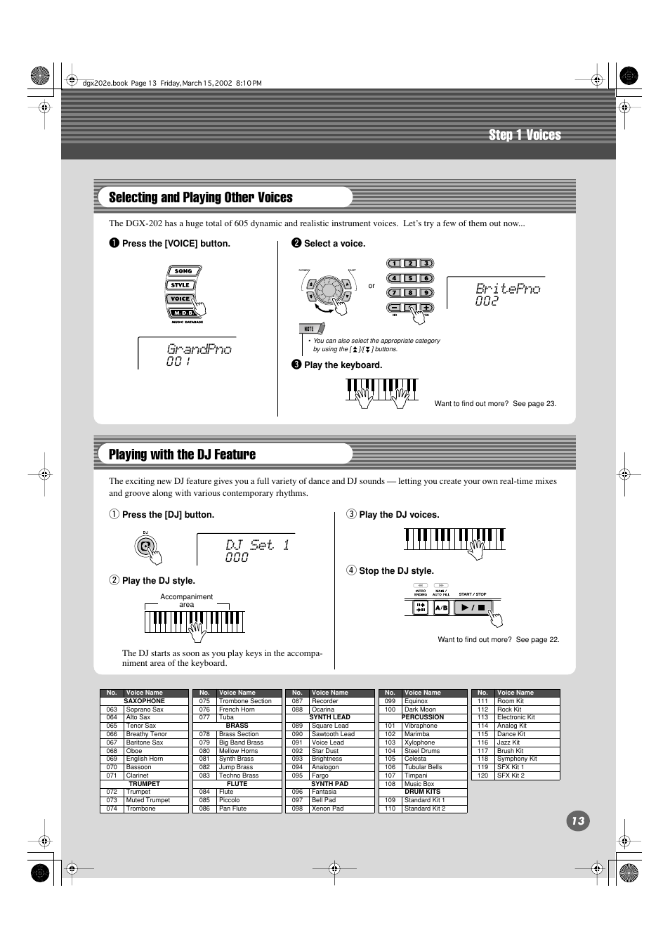 Step 1 voices, Grandpno, Britepno | Dj set 1 | Yamaha DGX-202 User Manual | Page 13 / 98