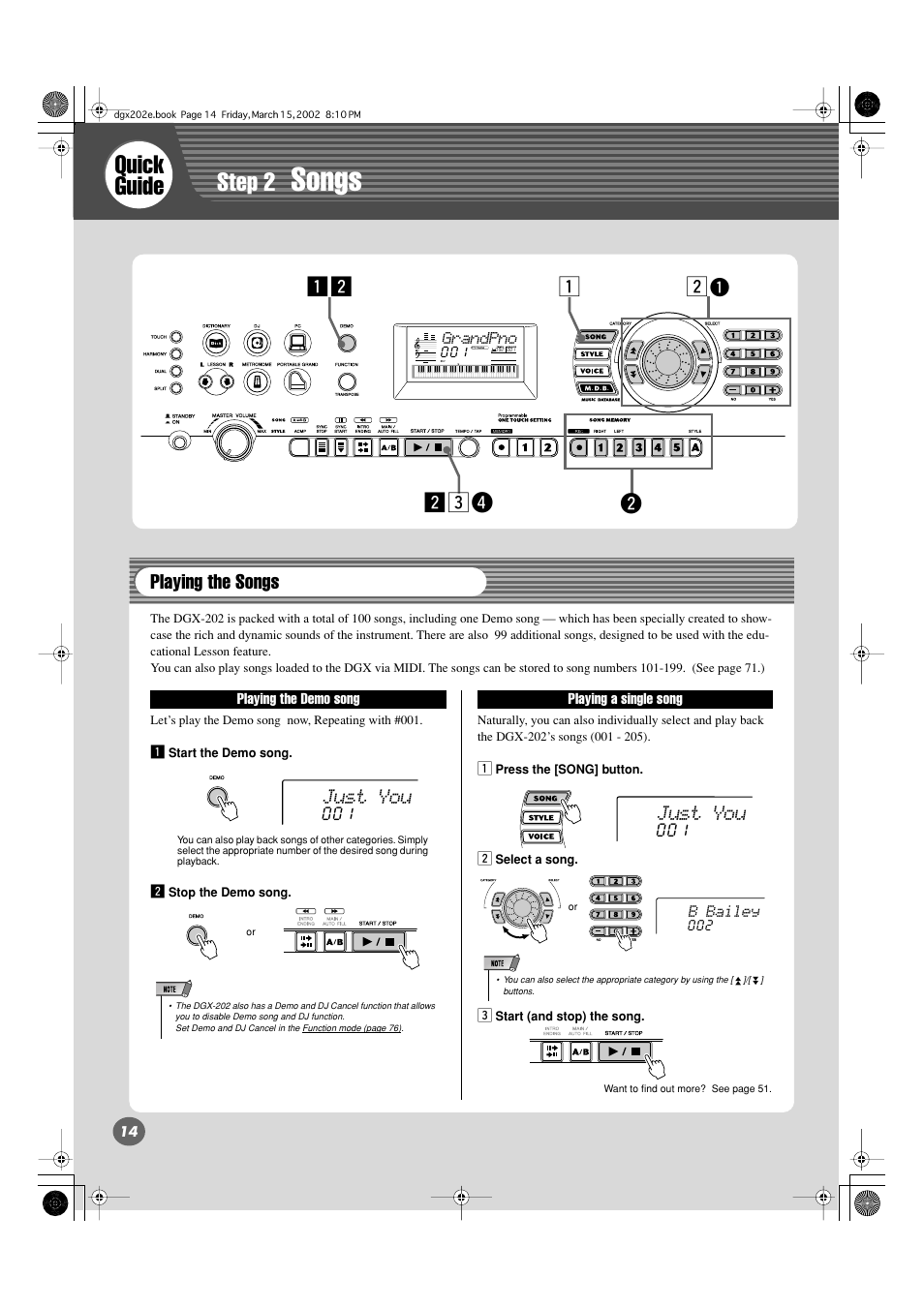 Songs, Quick guide step 2, Zx z x | Wxcr, Playing the songs, Just you | Yamaha DGX-202 User Manual | Page 14 / 98