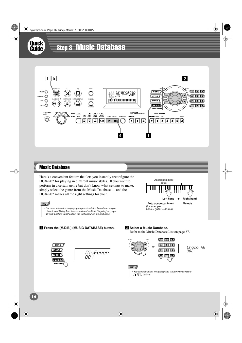 Music database, Quick guide, Step 3 | Xz b v z, Alvfever | Yamaha DGX-202 User Manual | Page 16 / 98