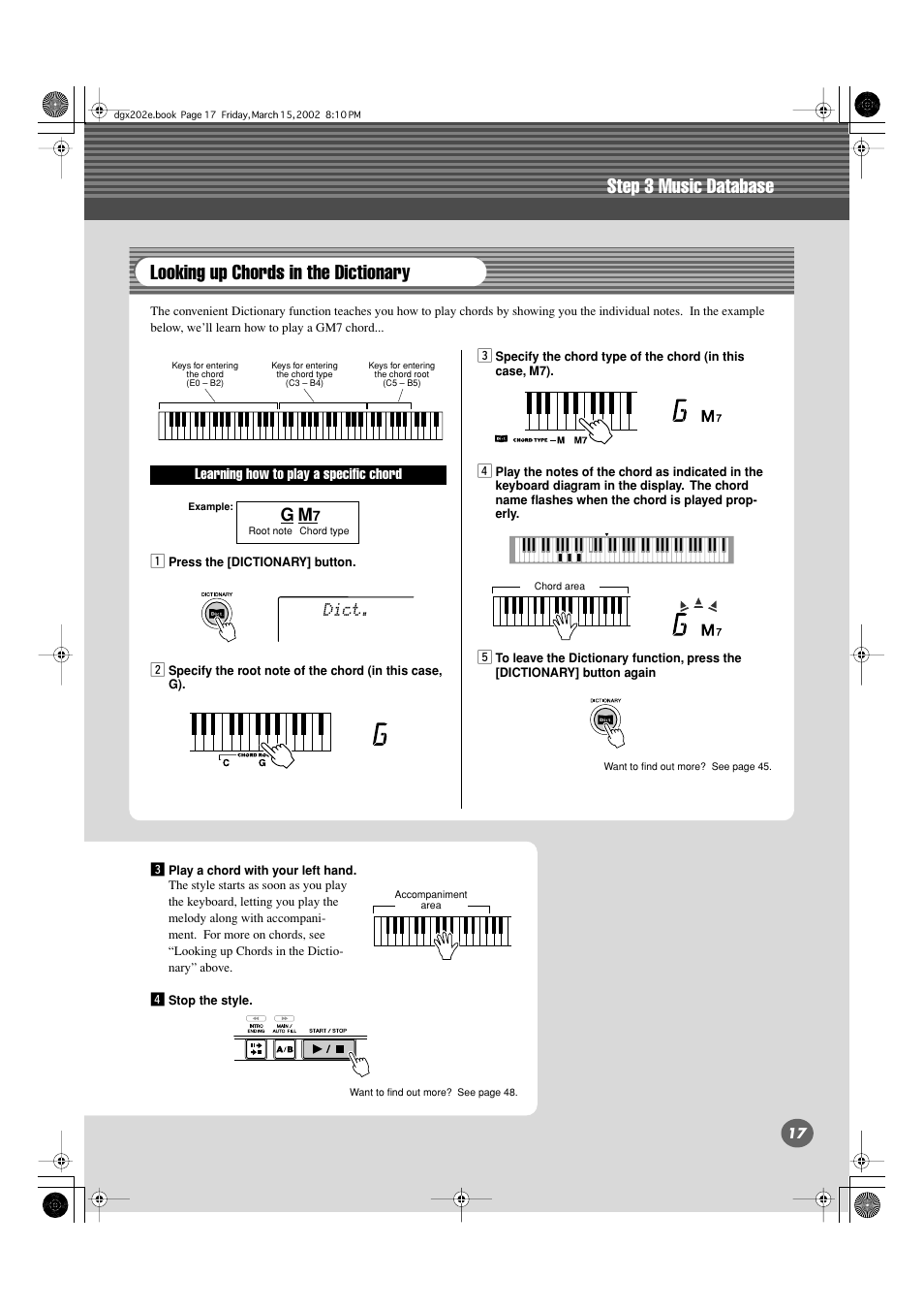 Step 3 music database, Looking up chords in the dictionary | Yamaha DGX-202 User Manual | Page 17 / 98