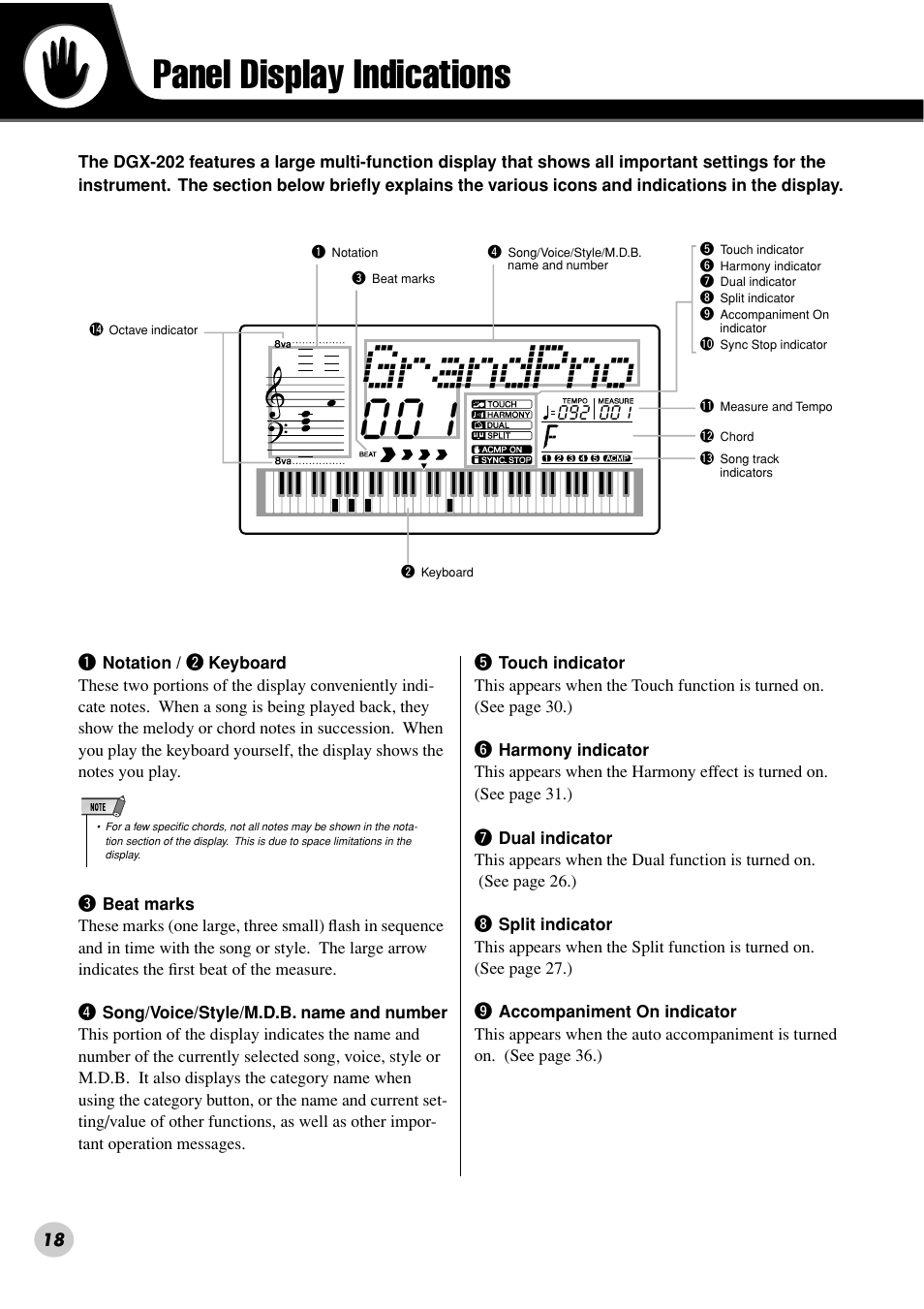 Grandpno, Panel display indications | Yamaha DGX-202 User Manual | Page 18 / 98