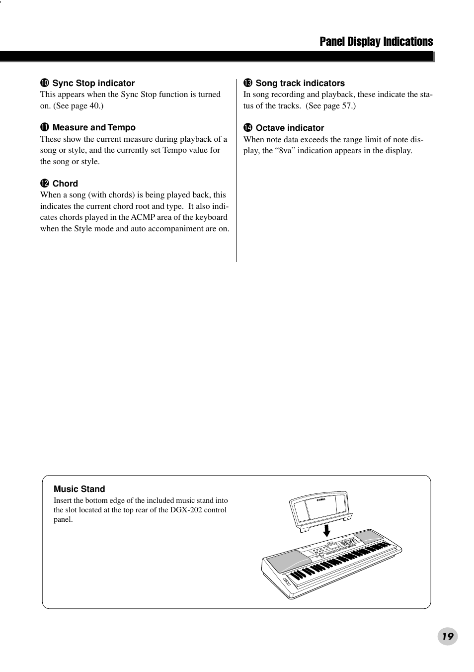 Panel display indications | Yamaha DGX-202 User Manual | Page 19 / 98