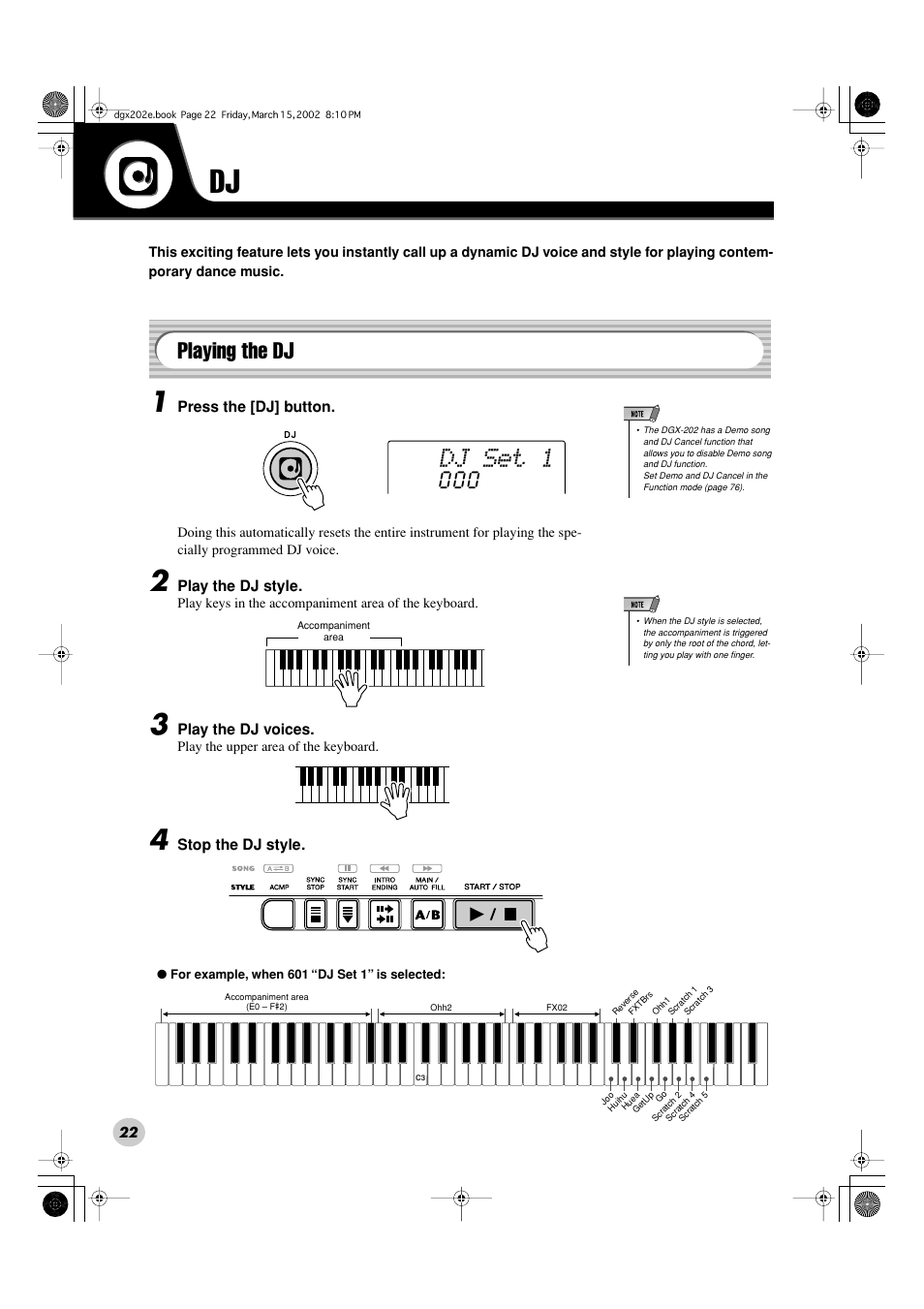 Dj set 1, Playing the dj | Yamaha DGX-202 User Manual | Page 22 / 98