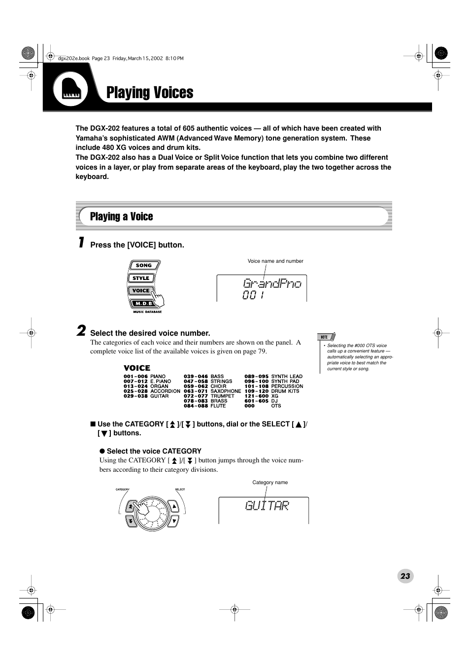 Playing voices, Grandpno, Guitar | Playing a voice | Yamaha DGX-202 User Manual | Page 23 / 98