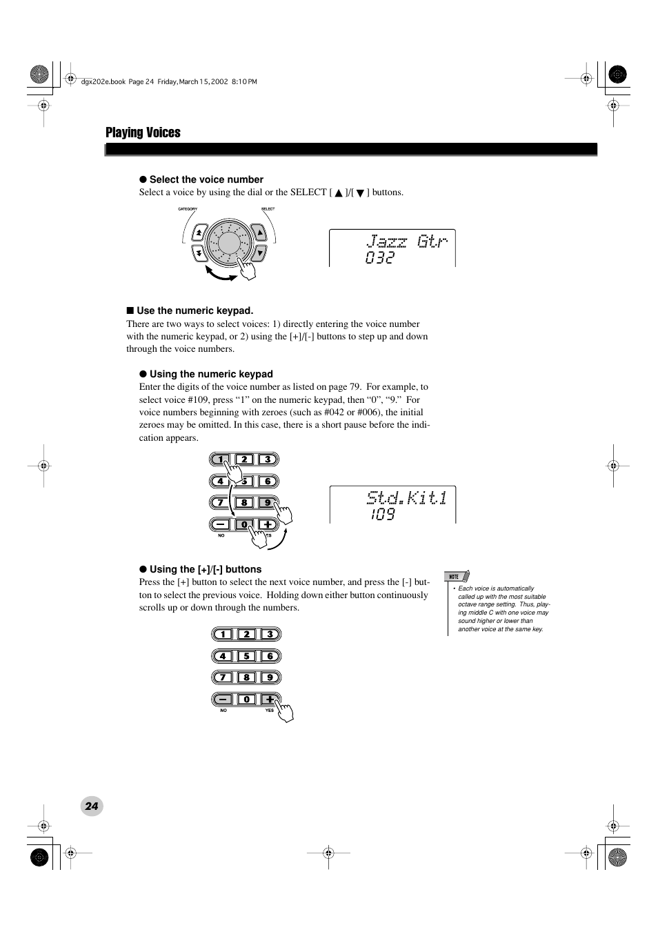 Jazz gtr, Std.kit1, Playing voices | Yamaha DGX-202 User Manual | Page 24 / 98