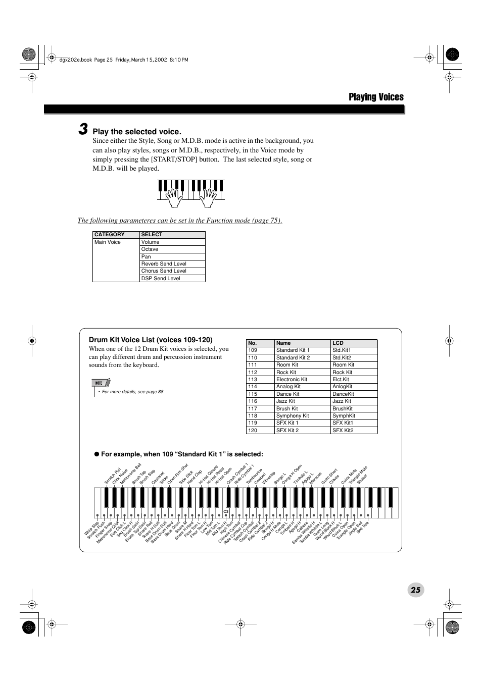 Playing voices, Play the selected voice, For example, when 109 “standard kit 1” is selected | Yamaha DGX-202 User Manual | Page 25 / 98