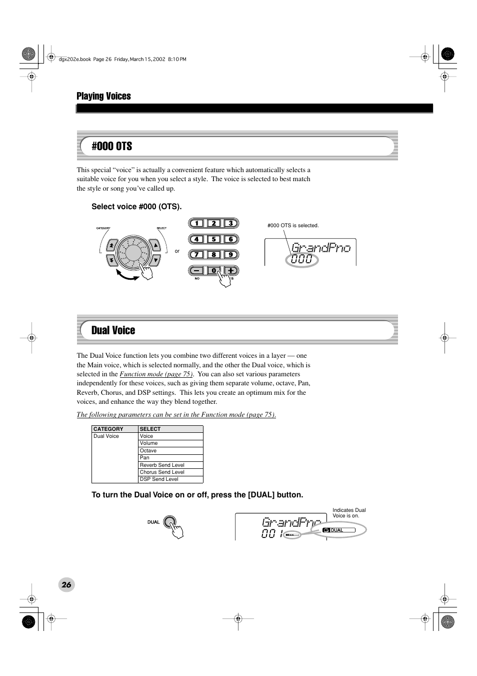 Grandpno, 000 ots, Dual voice | Playing voices | Yamaha DGX-202 User Manual | Page 26 / 98