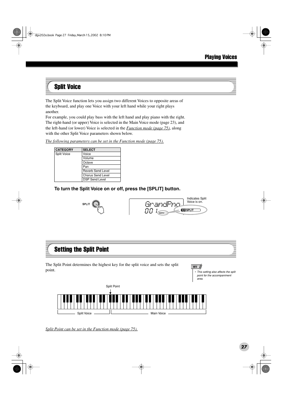 Grandpno, Split voice, Setting the split point | Playing voices | Yamaha DGX-202 User Manual | Page 27 / 98