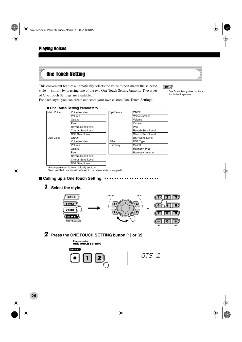 Ots 2, One touch setting, Playing voices | Yamaha DGX-202 User Manual | Page 28 / 98