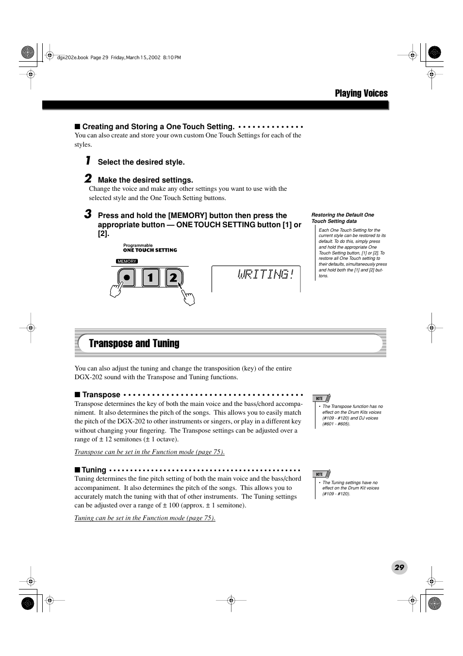 Writing, Transpose and tuning, Playing voices | Yamaha DGX-202 User Manual | Page 29 / 98