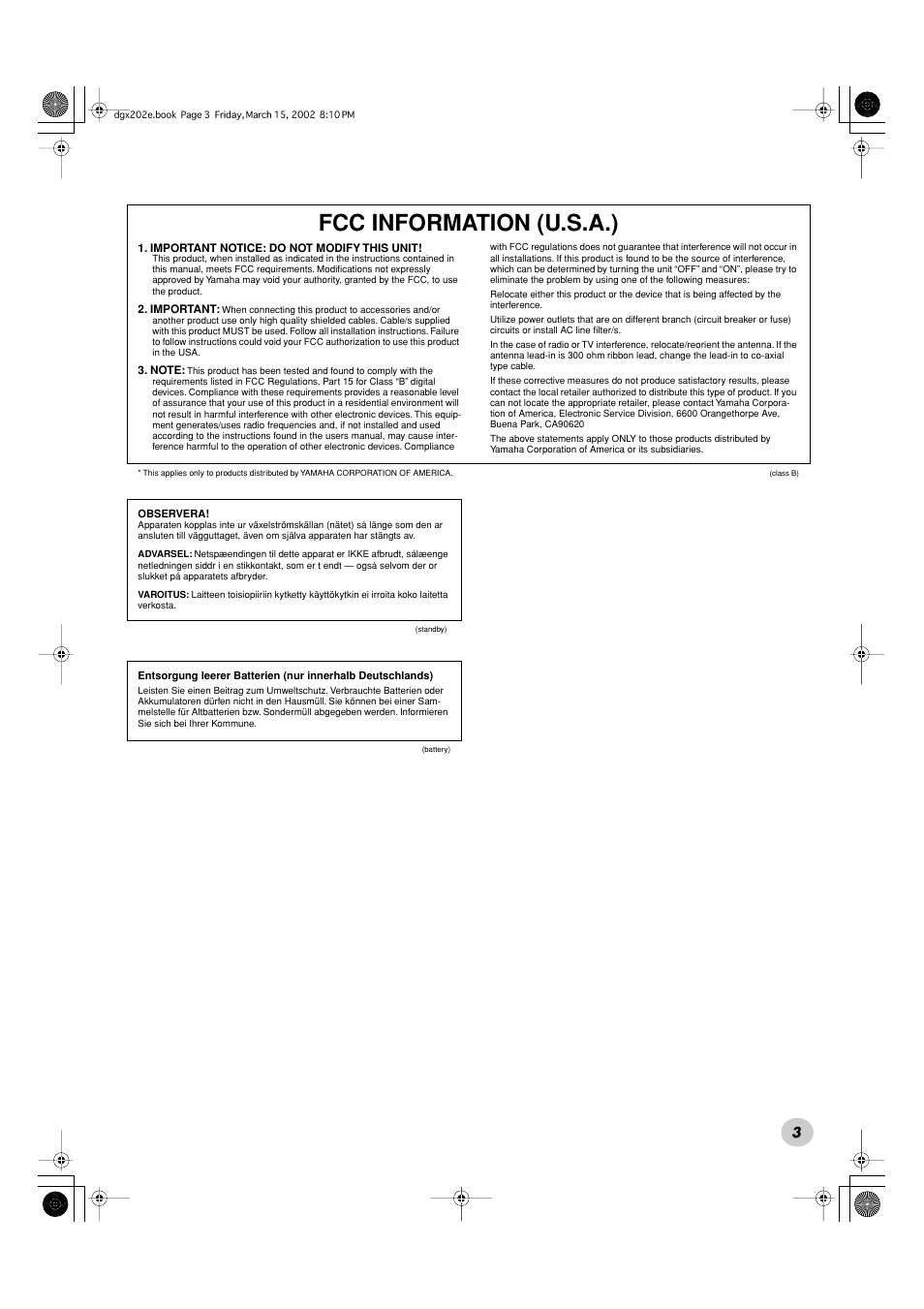 Fcc information (u.s.a.) | Yamaha DGX-202 User Manual | Page 3 / 98