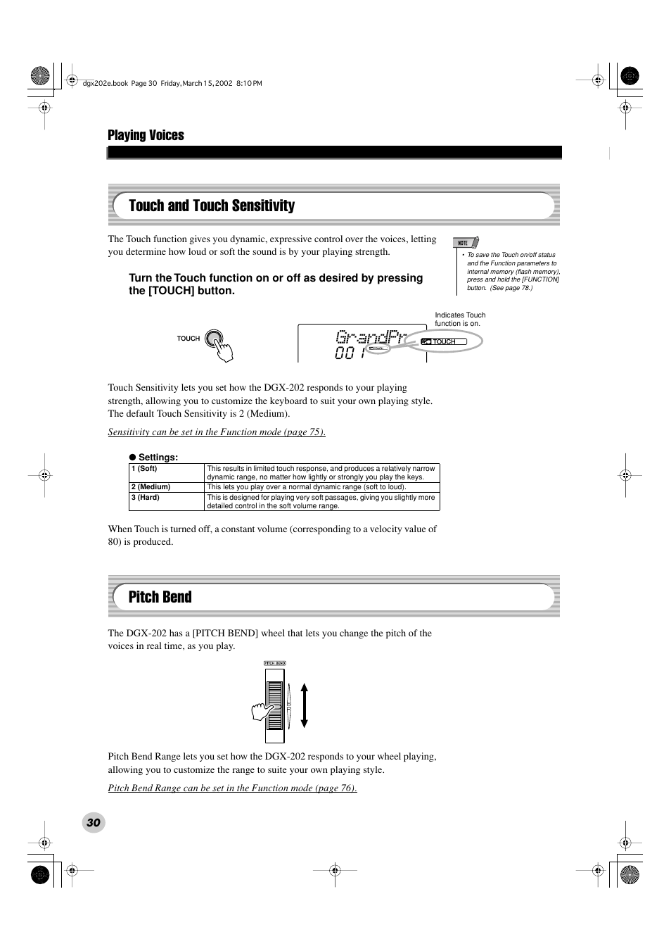 Grandpno, Touch and touch sensitivity, Pitch bend | Playing voices | Yamaha DGX-202 User Manual | Page 30 / 98