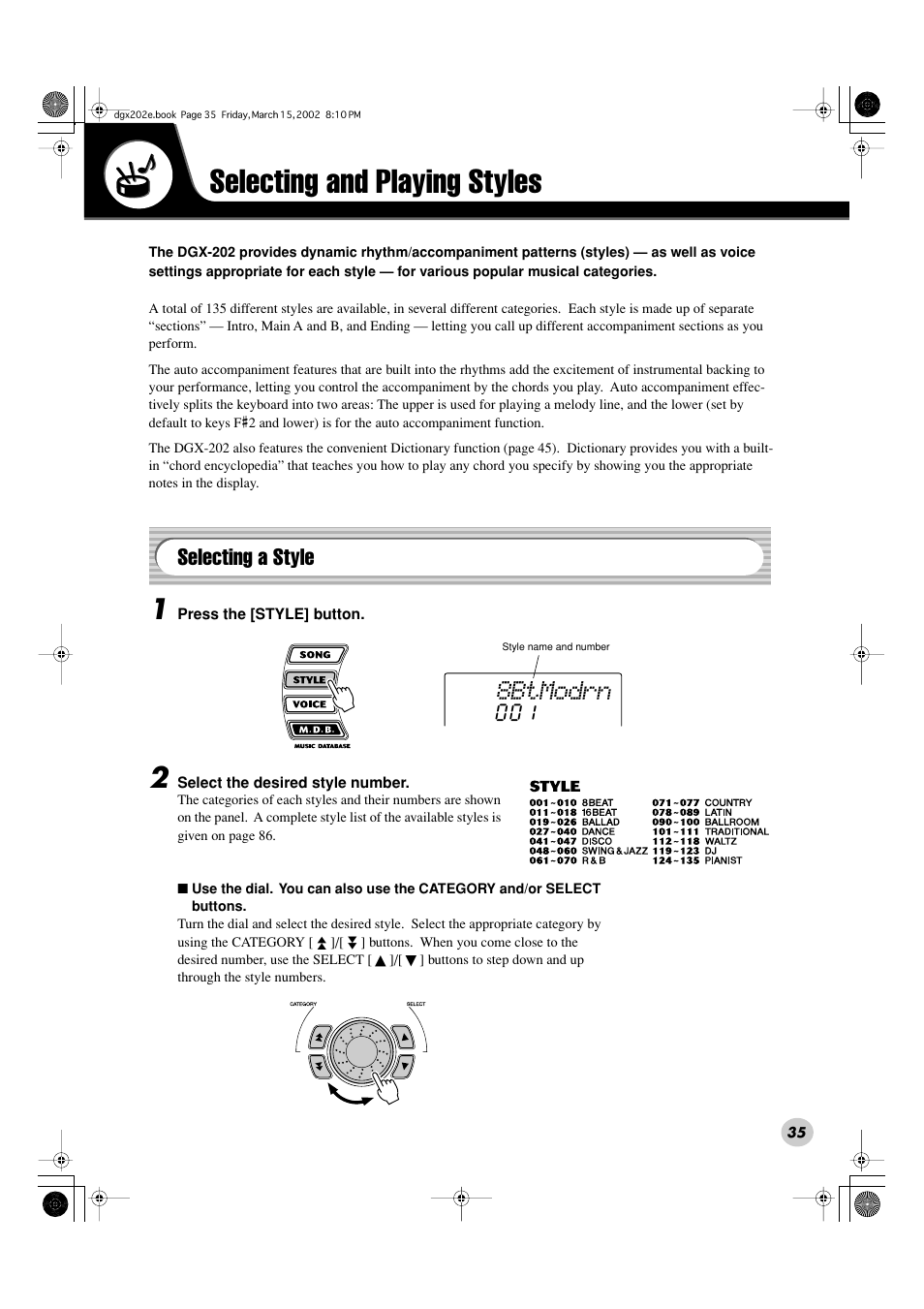 Selecting and playing styles, 8btmodrn, Selecting a style | Yamaha DGX-202 User Manual | Page 35 / 98