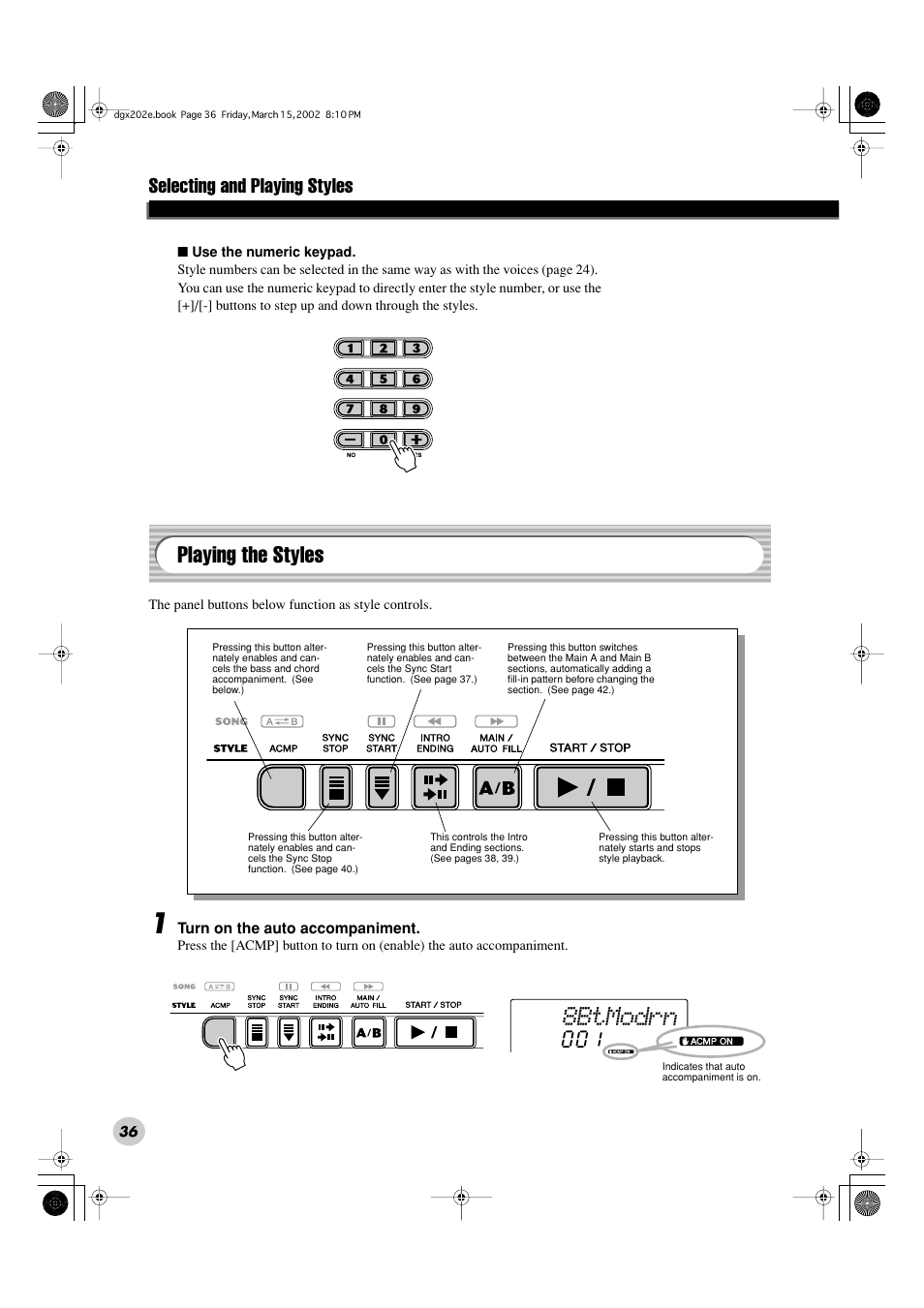 8btmodrn, Playing the styles, Selecting and playing styles | Yamaha DGX-202 User Manual | Page 36 / 98