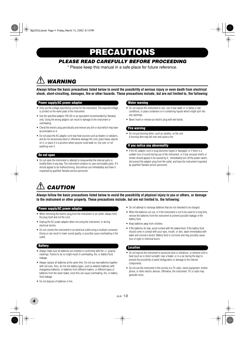 Precautions, Warning, Caution | Please read carefully before proceeding | Yamaha DGX-202 User Manual | Page 4 / 98