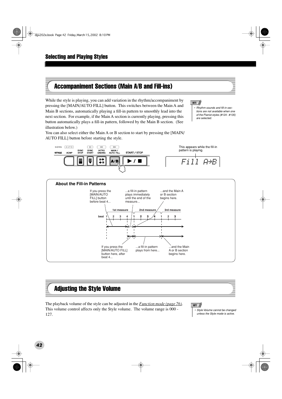 Fill a≥b, Adjusting the style volume, Selecting and playing styles | Yamaha DGX-202 User Manual | Page 42 / 98