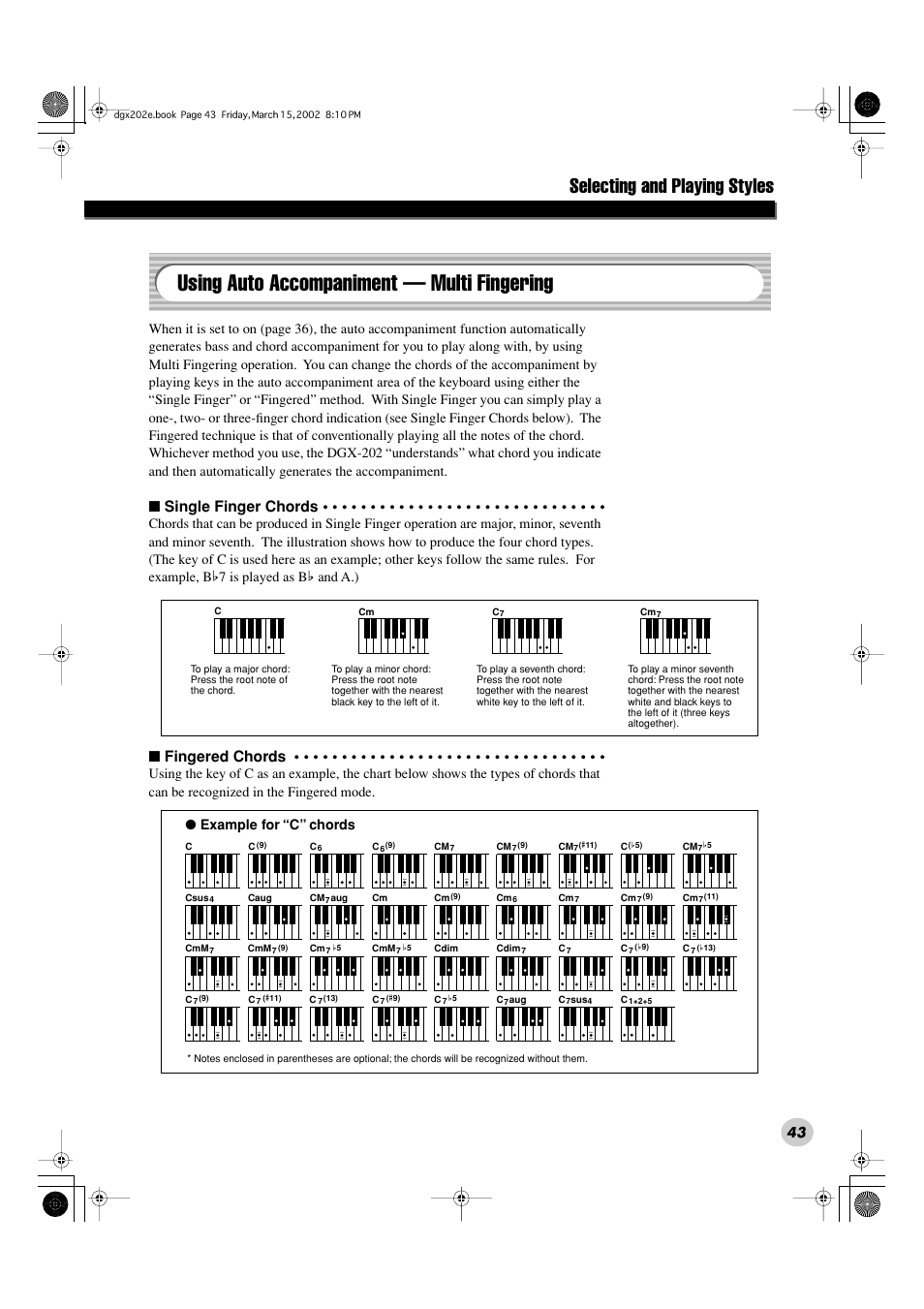 Using auto accompaniment — multi fingering, Selecting and playing styles, Single finger chords | Fingered chords, Example for “c” chords | Yamaha DGX-202 User Manual | Page 43 / 98