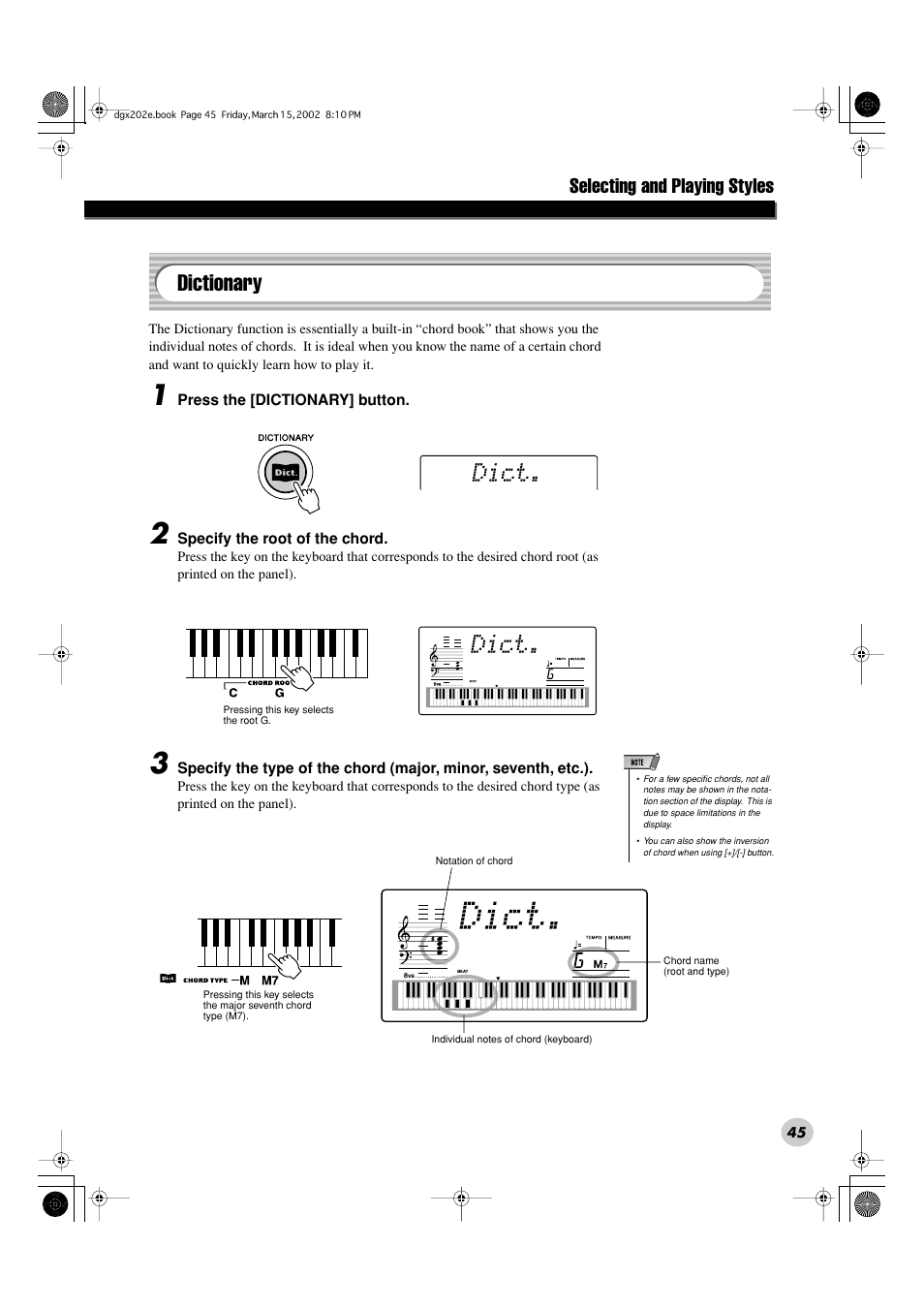 Dict, Dictionary | Yamaha DGX-202 User Manual | Page 45 / 98