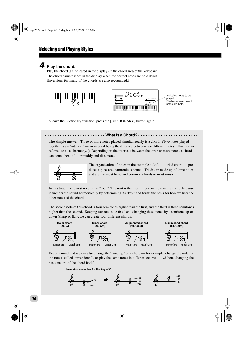 Dict, Selecting and playing styles | Yamaha DGX-202 User Manual | Page 46 / 98