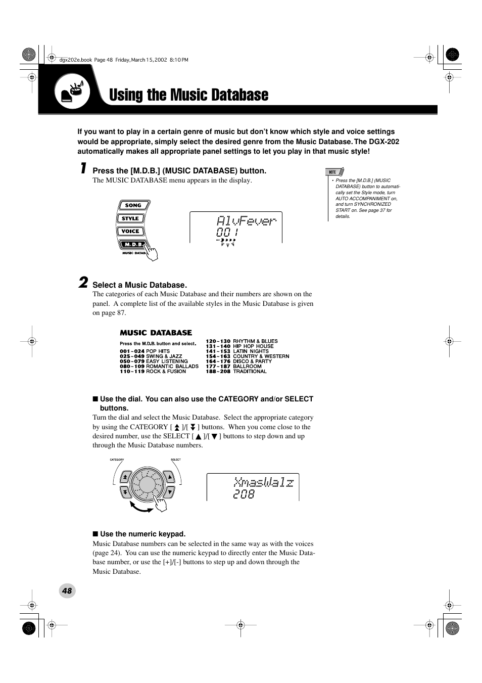 Using the music database, Alvfever, Xmaswalz | Yamaha DGX-202 User Manual | Page 48 / 98