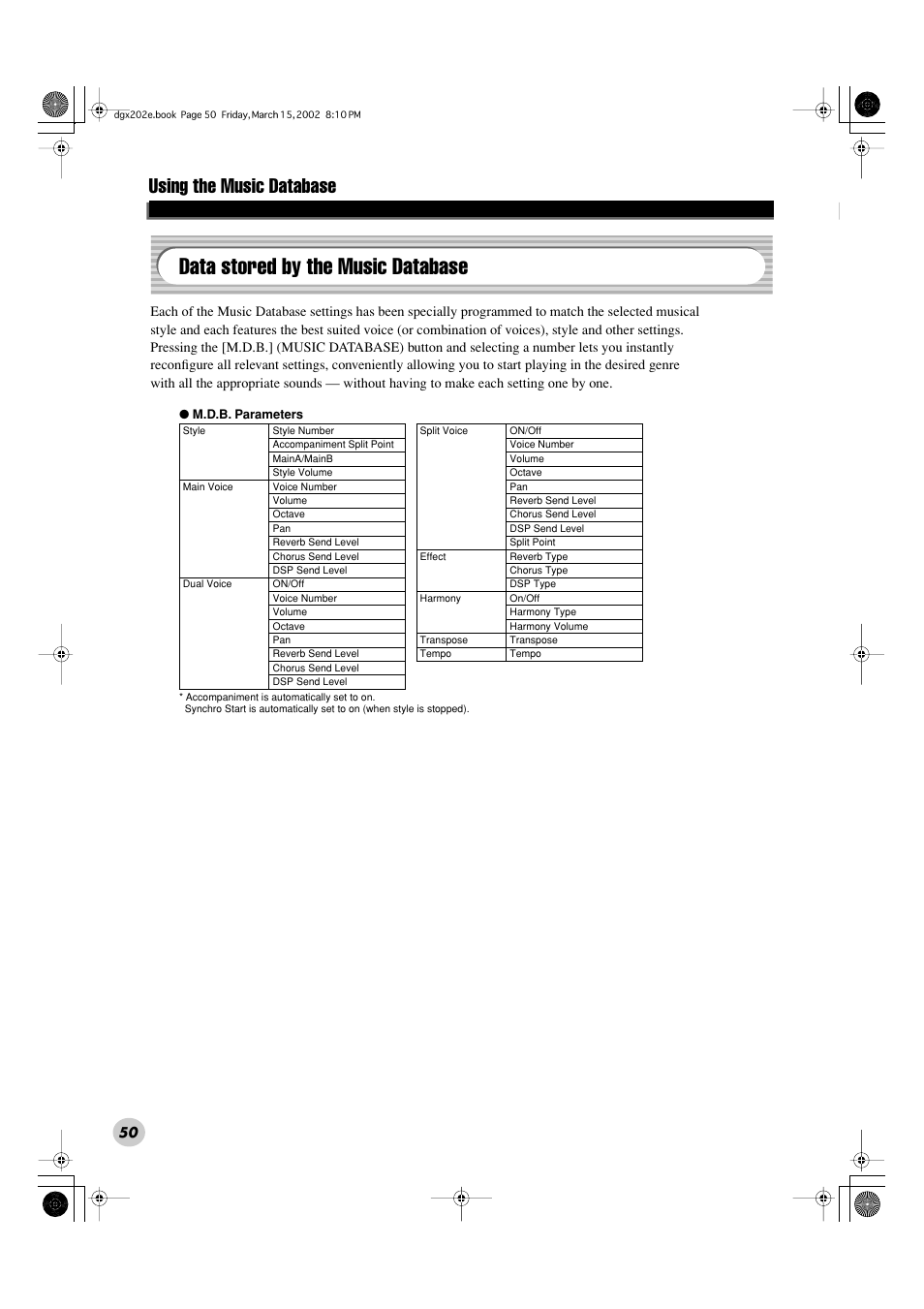 Data stored by the music database, Using the music database | Yamaha DGX-202 User Manual | Page 50 / 98
