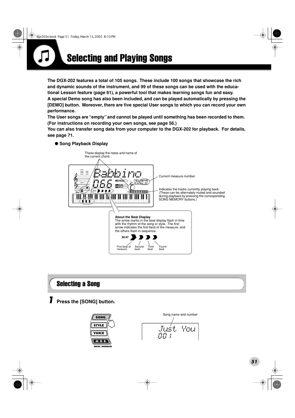 Babbino, Selecting and playing songs, Just you | Selecting a song | Yamaha DGX-202 User Manual | Page 51 / 98